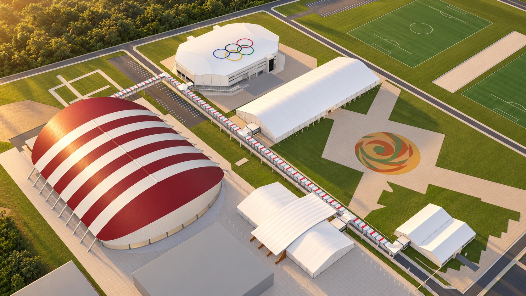 Vista aérea del recinto COP con el velódromo, las zonas de feria y COP Arena